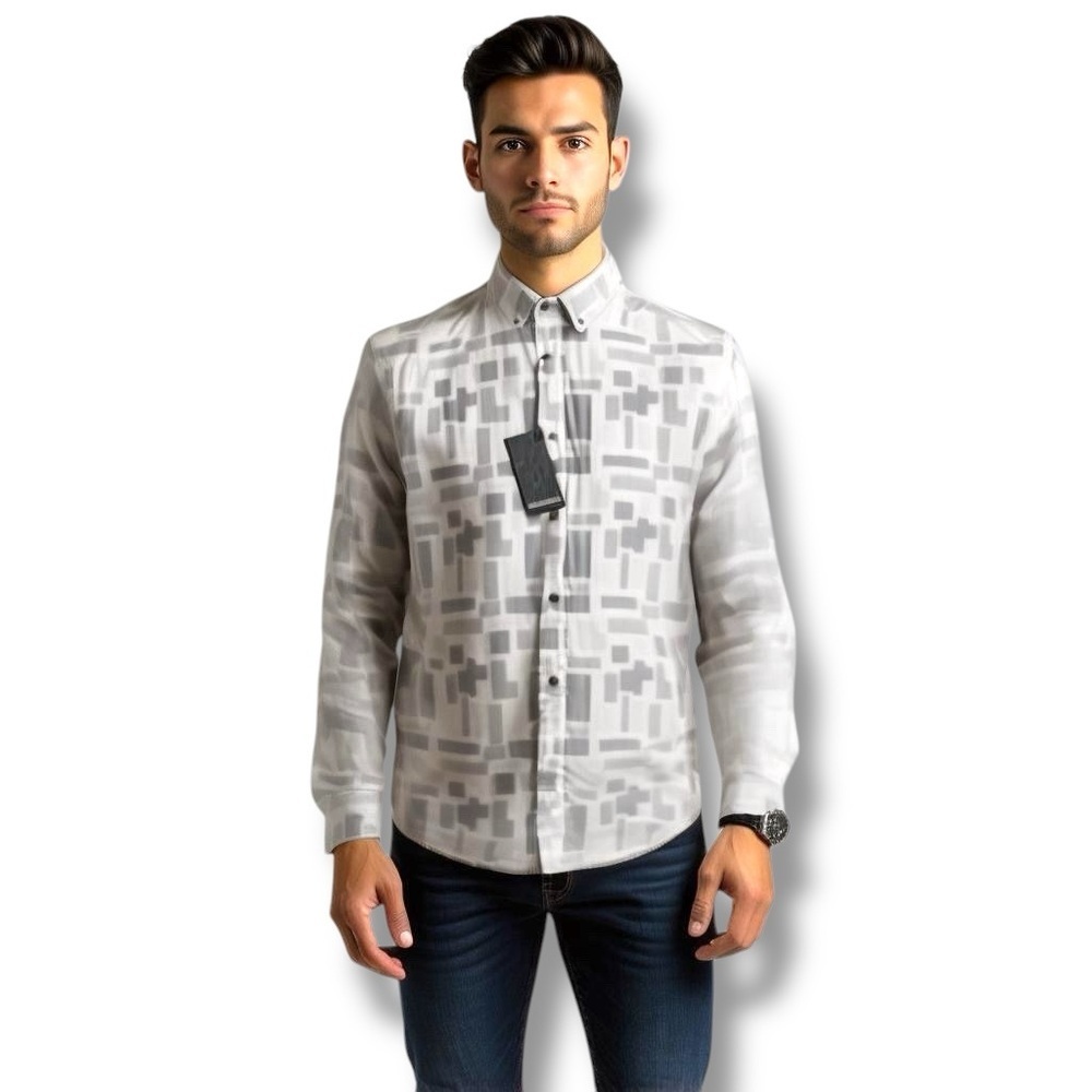 Stitch Note Button Down Grey White Cotton Long Sleeve Sheen Shirt M